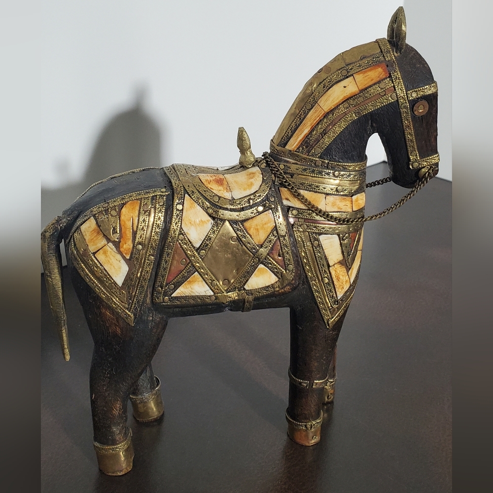 Inlaid Brass and Horn Wooden Horse Sculpture